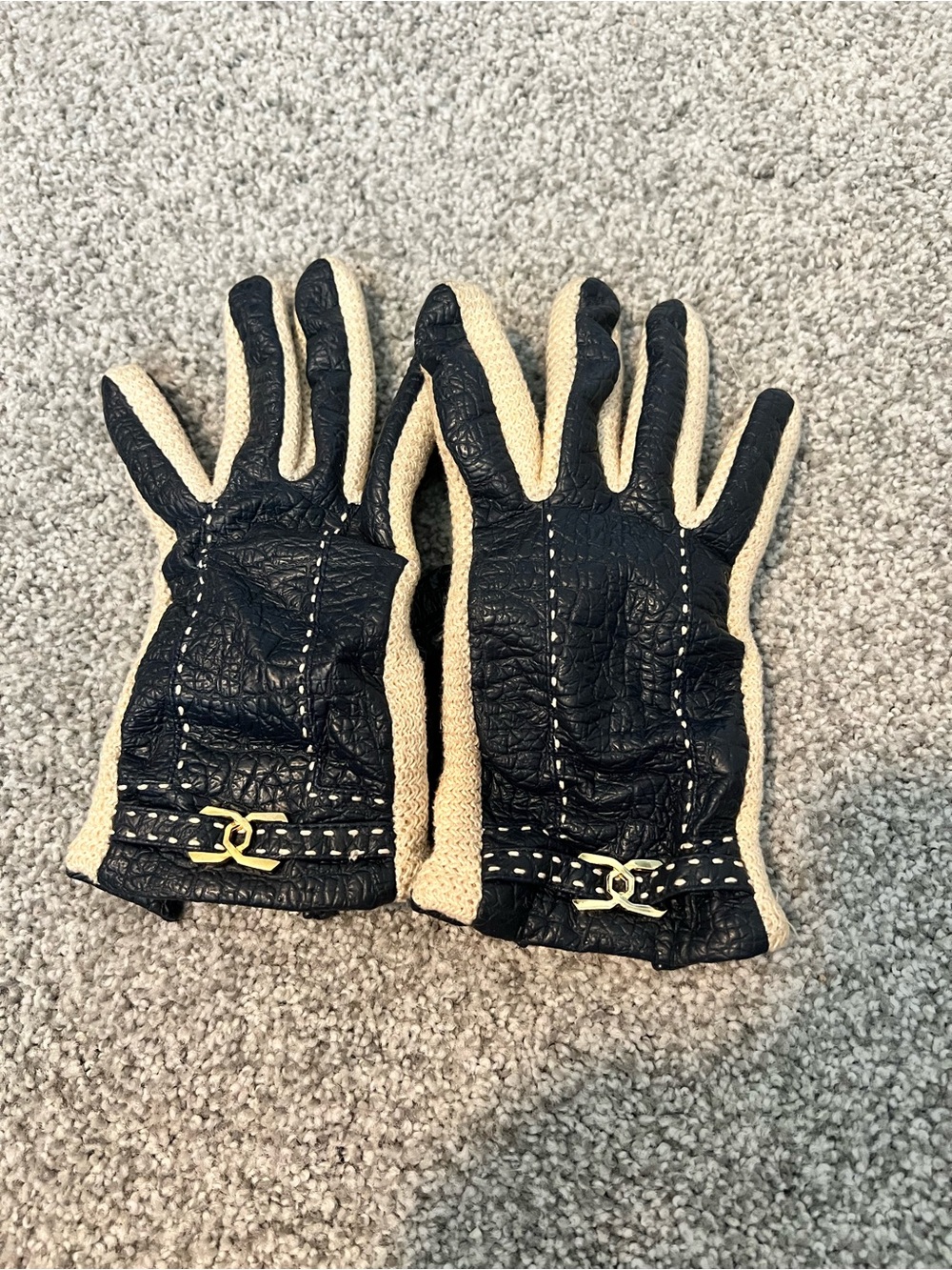 Aris Black and Cream Leather Knit Driving Gloves with Gold Accent
